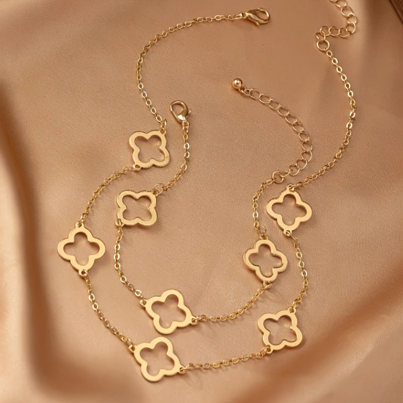 Golden Necklace and Bracelet with Clover Charms