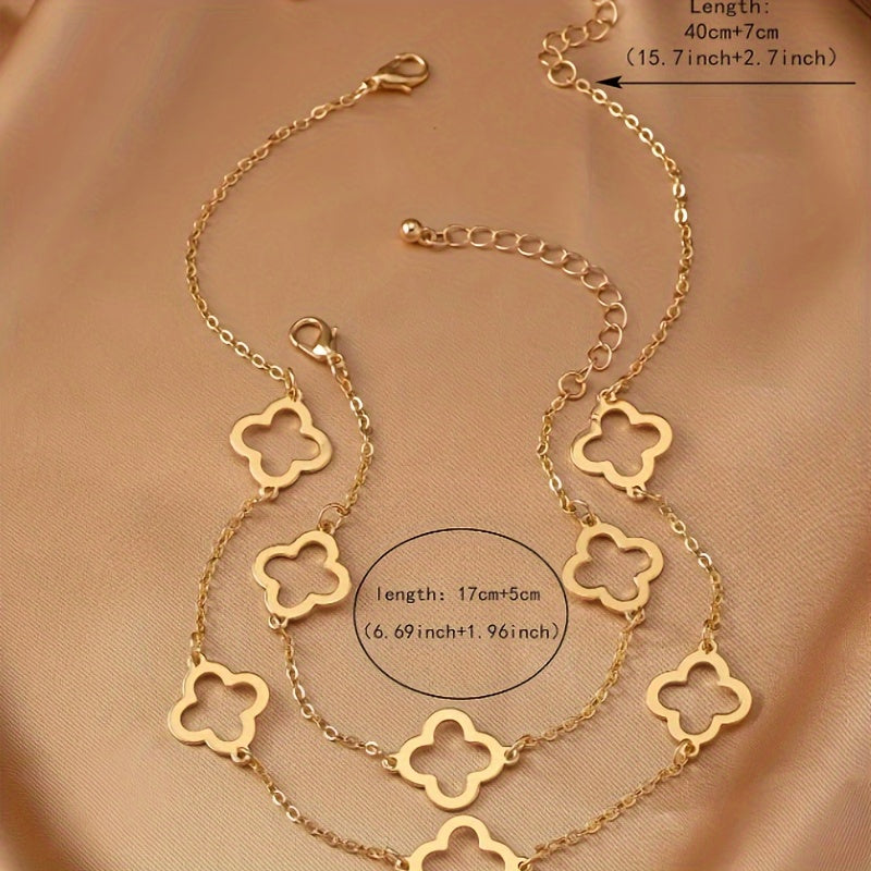 Golden Necklace and Bracelet with Clover Charms
