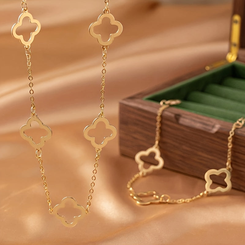 Golden Necklace and Bracelet with Clover Charms
