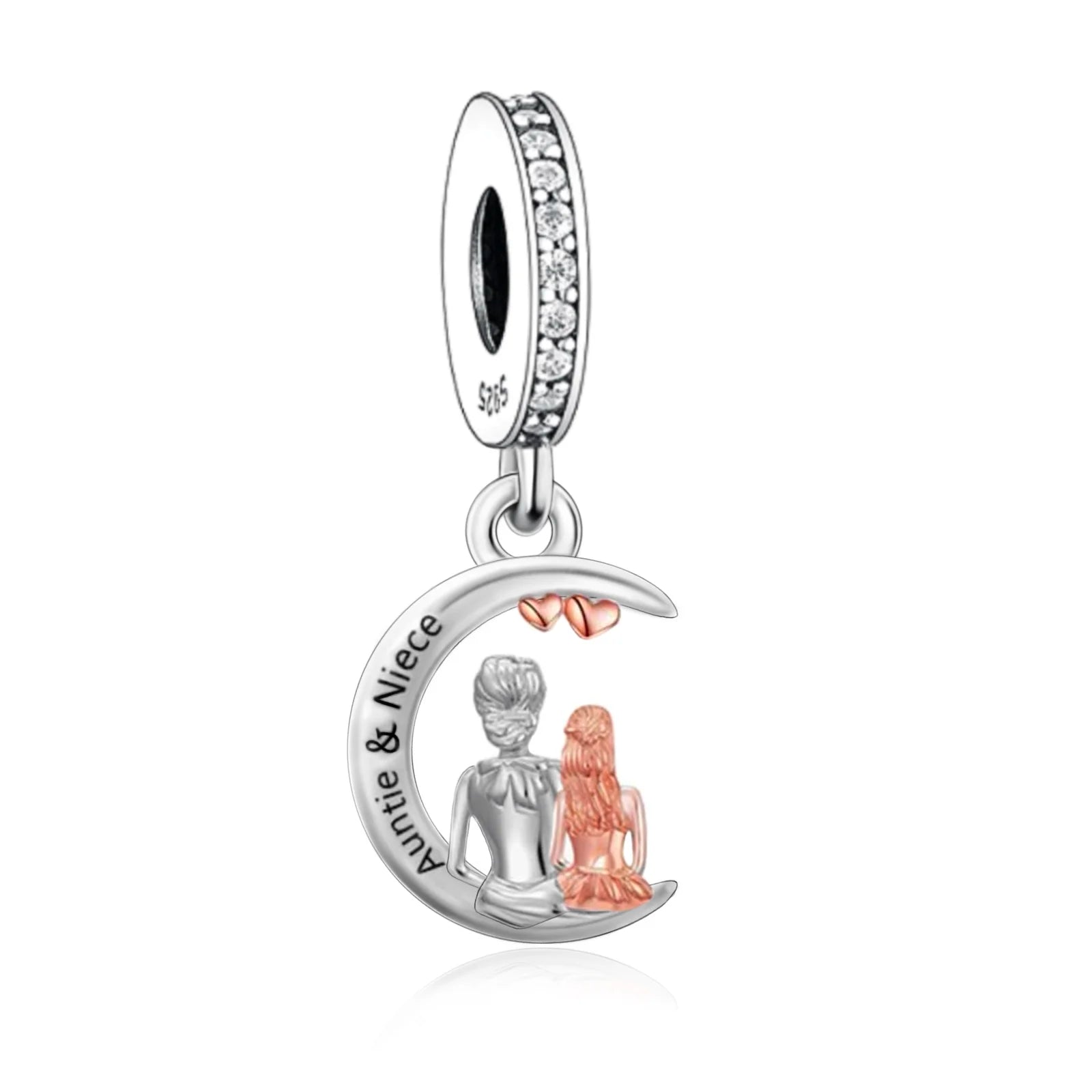 Silver charm with 'Auntie & Niece' engraving and two figures sitting on a moon, on a white background.