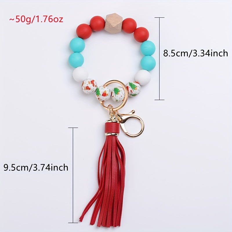 Colorful beaded keychain with a red tassel and measurements on a white background