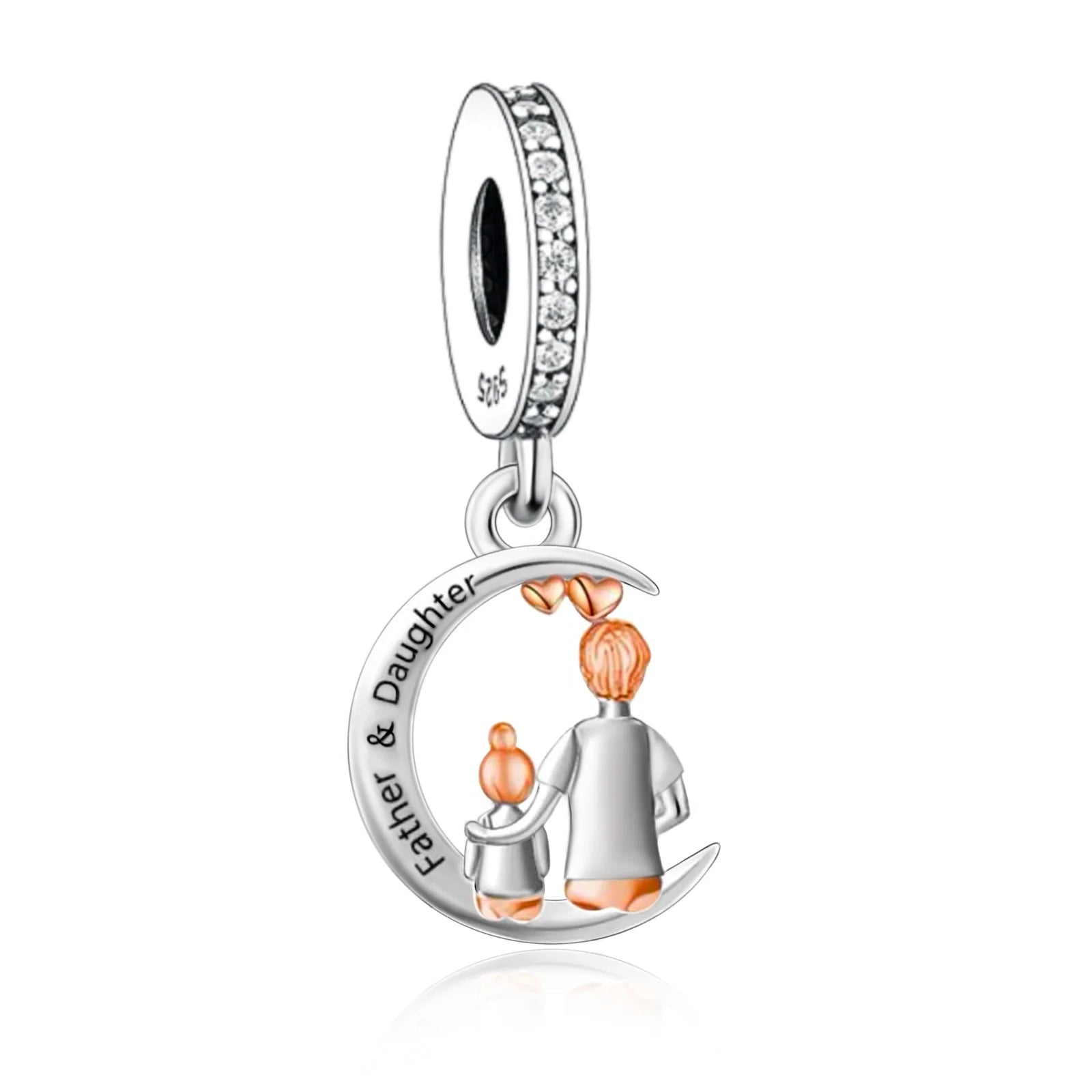 Silver and rose gold charm with 'Father & Daughter' text on a white background
