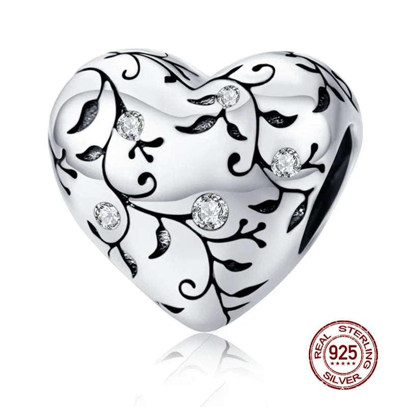 925 Sterling Silver Heart Beads Flower Retro Pattern Charms
