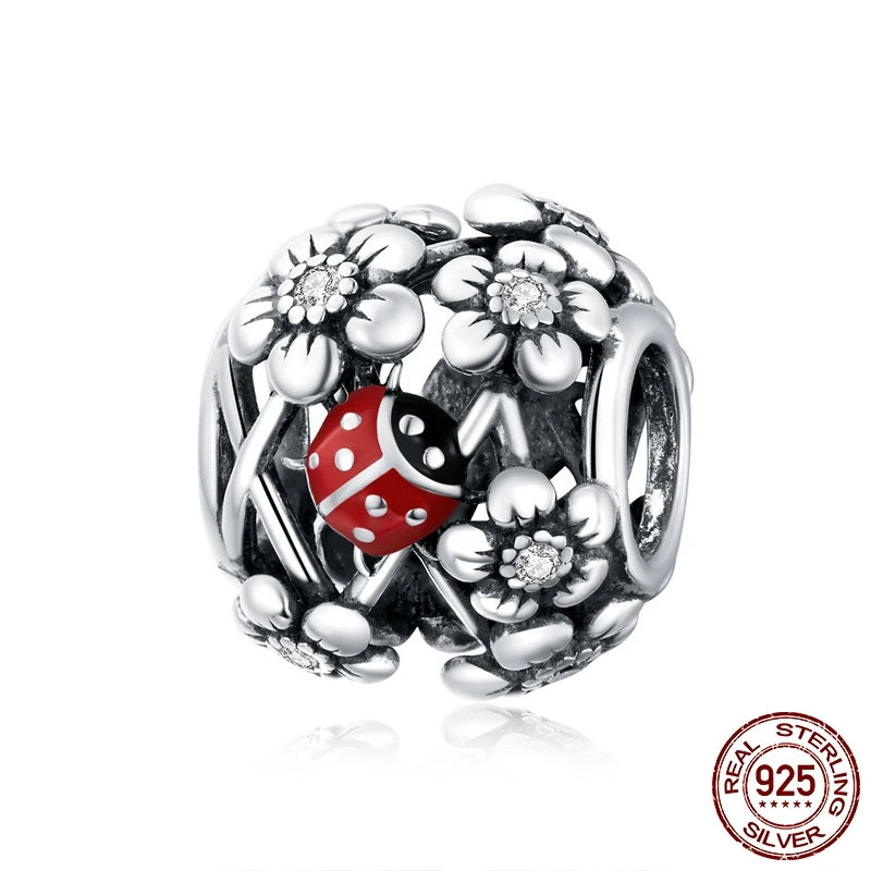 925 Sterling Silver Heart Beads Flower Retro Pattern Charms