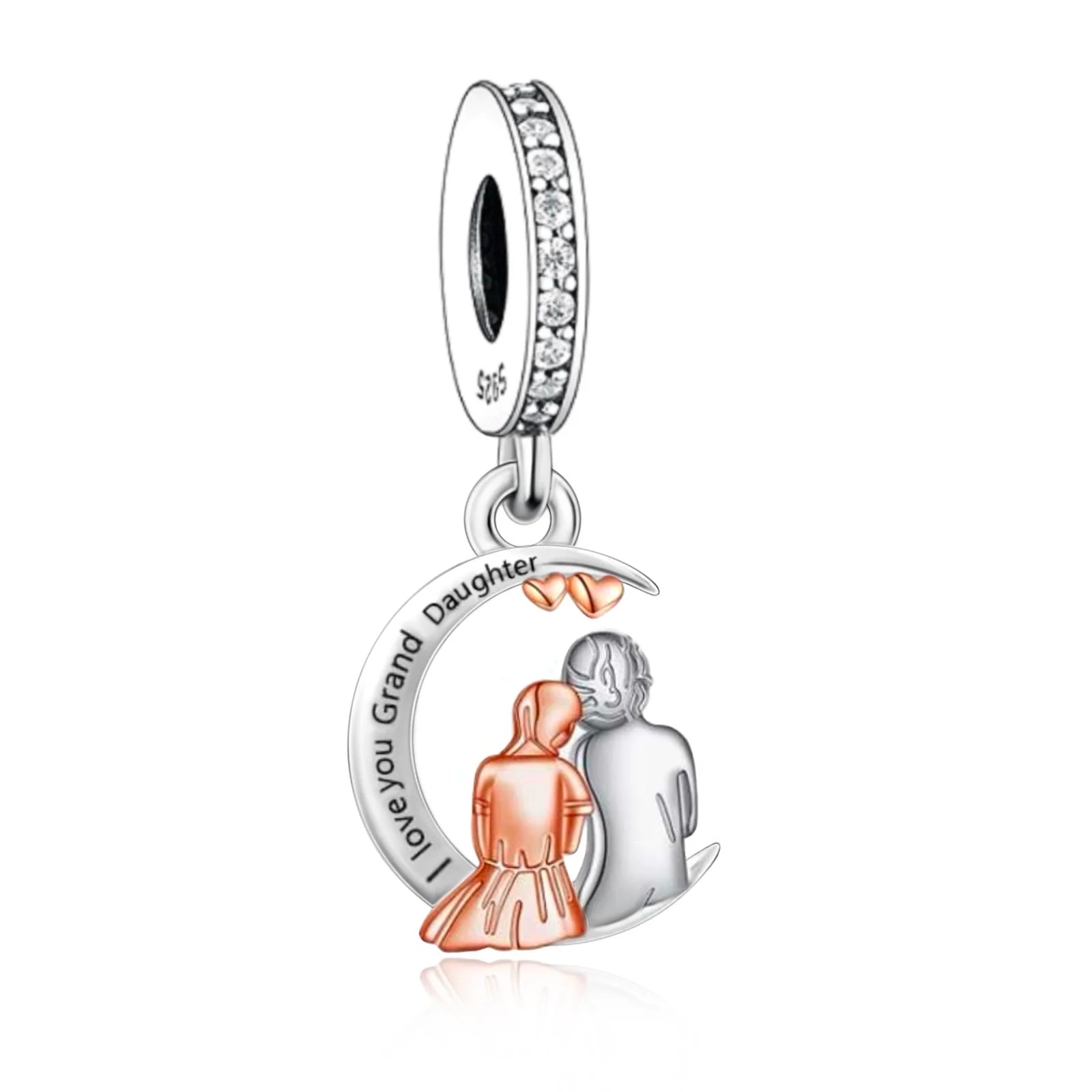 Silver and rose gold charm with 'I love you Grand Daughter' text on a white background