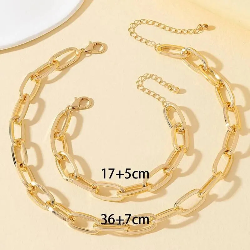 2 PCS Set Gold Colour Link Chain Necklace Bracelet Set