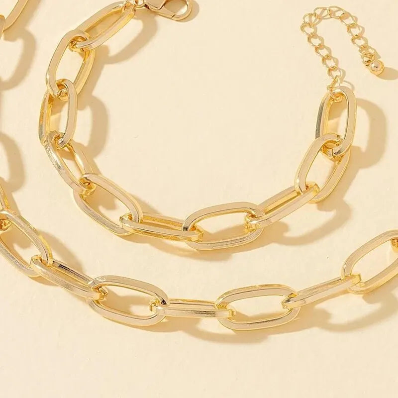 2 PCS Set Gold Colour Link Chain Necklace Bracelet Set