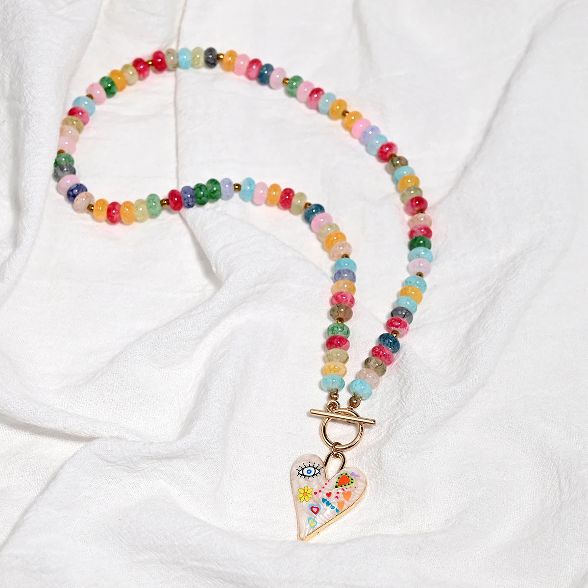 Colourful Glass Beads Heart Pendant Necklace for Women and Teens