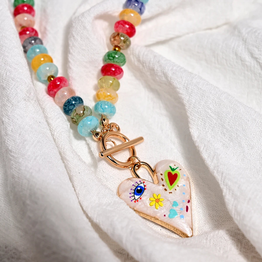 Colourful Glass Beads Heart Pendant Necklace for Women and Teens