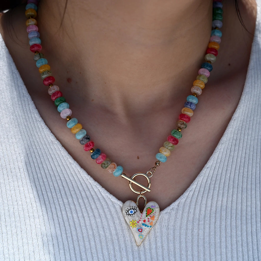 Colourful Glass Beads Heart Pendant Necklace for Women and Teens