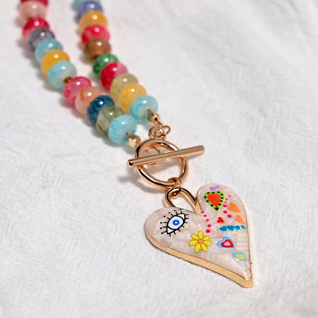 Colourful Glass Beads Heart Pendant Necklace for Women and Teens