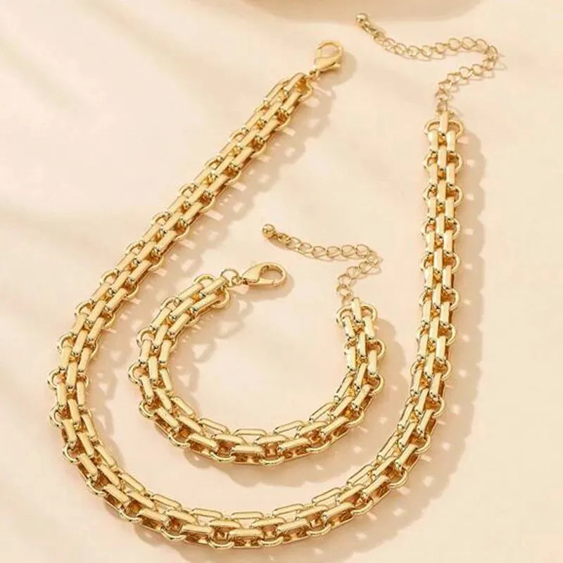 2 PCS Set Gold Colour Link Chain Necklace Bracelet Set