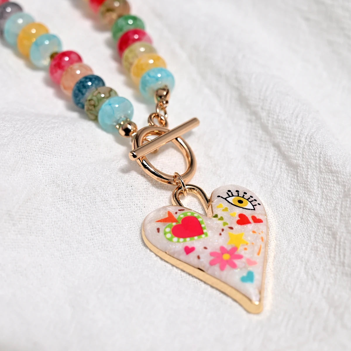 Colourful Glass Beads Heart Pendant Necklace for Women and Teens
