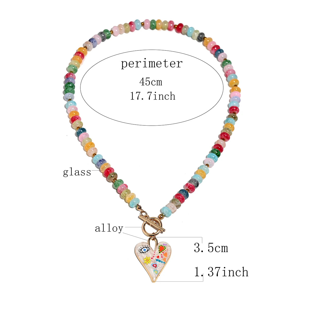 Colourful Glass Beads Heart Pendant Necklace for Women and Teens