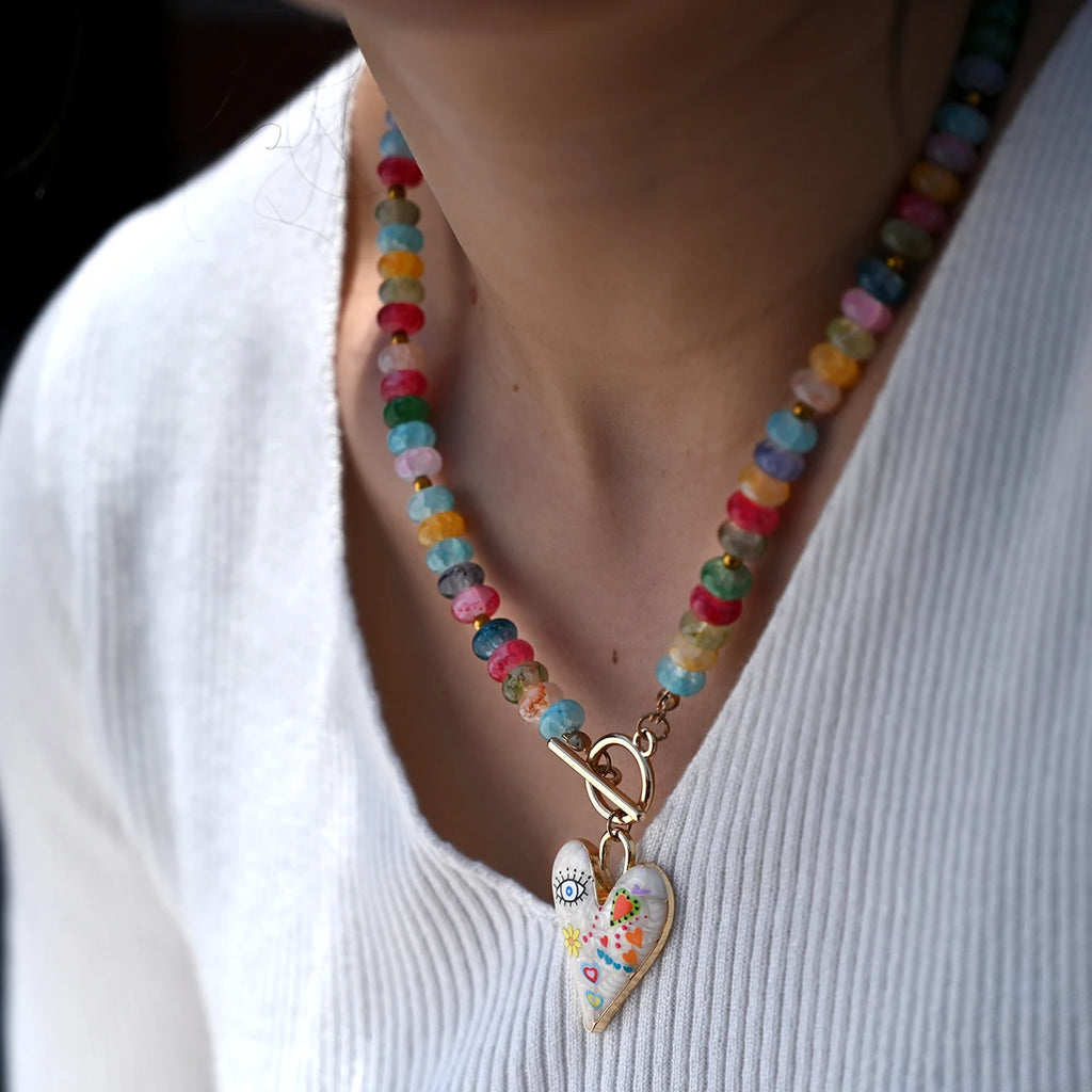 Colourful Glass Beads Heart Pendant Necklace for Women and Teens
