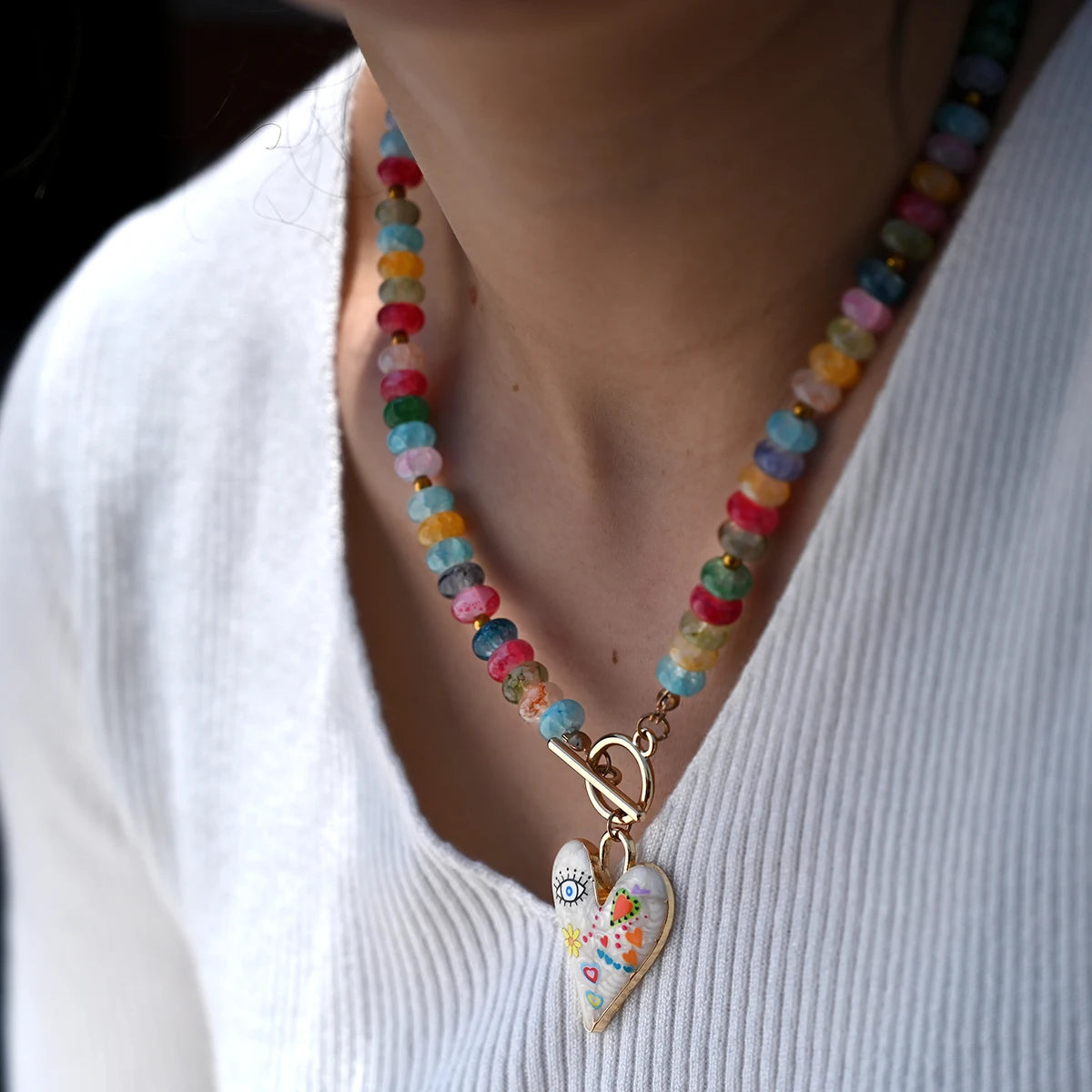 Colourful Glass Beads Heart Pendant Necklace for Women and Teens