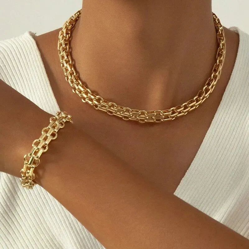 2 PCS Set Gold Colour Link Chain Necklace Bracelet Set