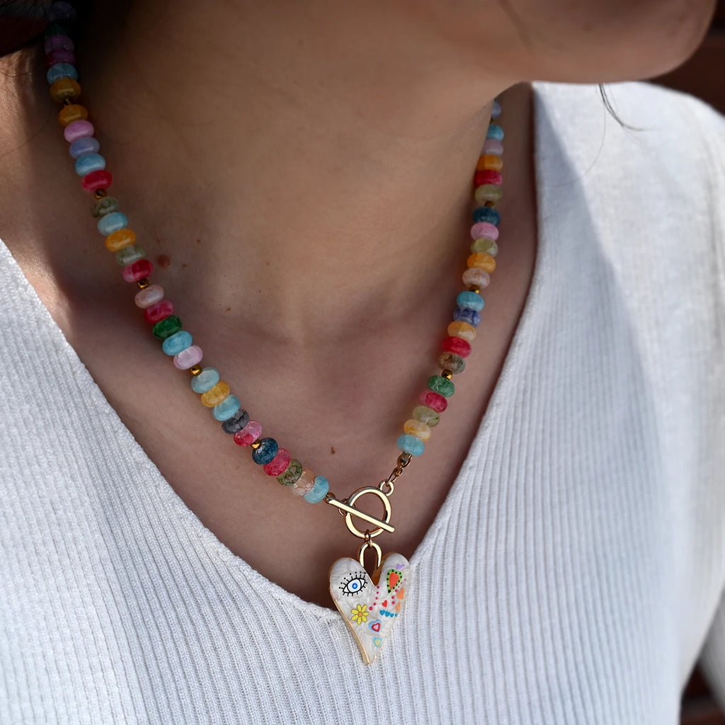 Colourful Glass Beads Heart Pendant Necklace for Women and Teens