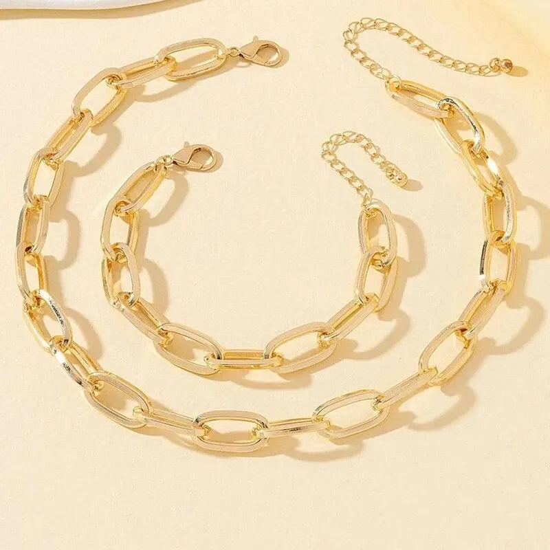 2 PCS Set Gold Colour Link Chain Necklace Bracelet Set