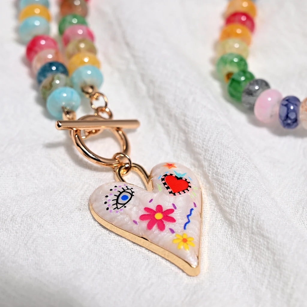 Colourful Glass Beads Heart Pendant Necklace for Women and Teens