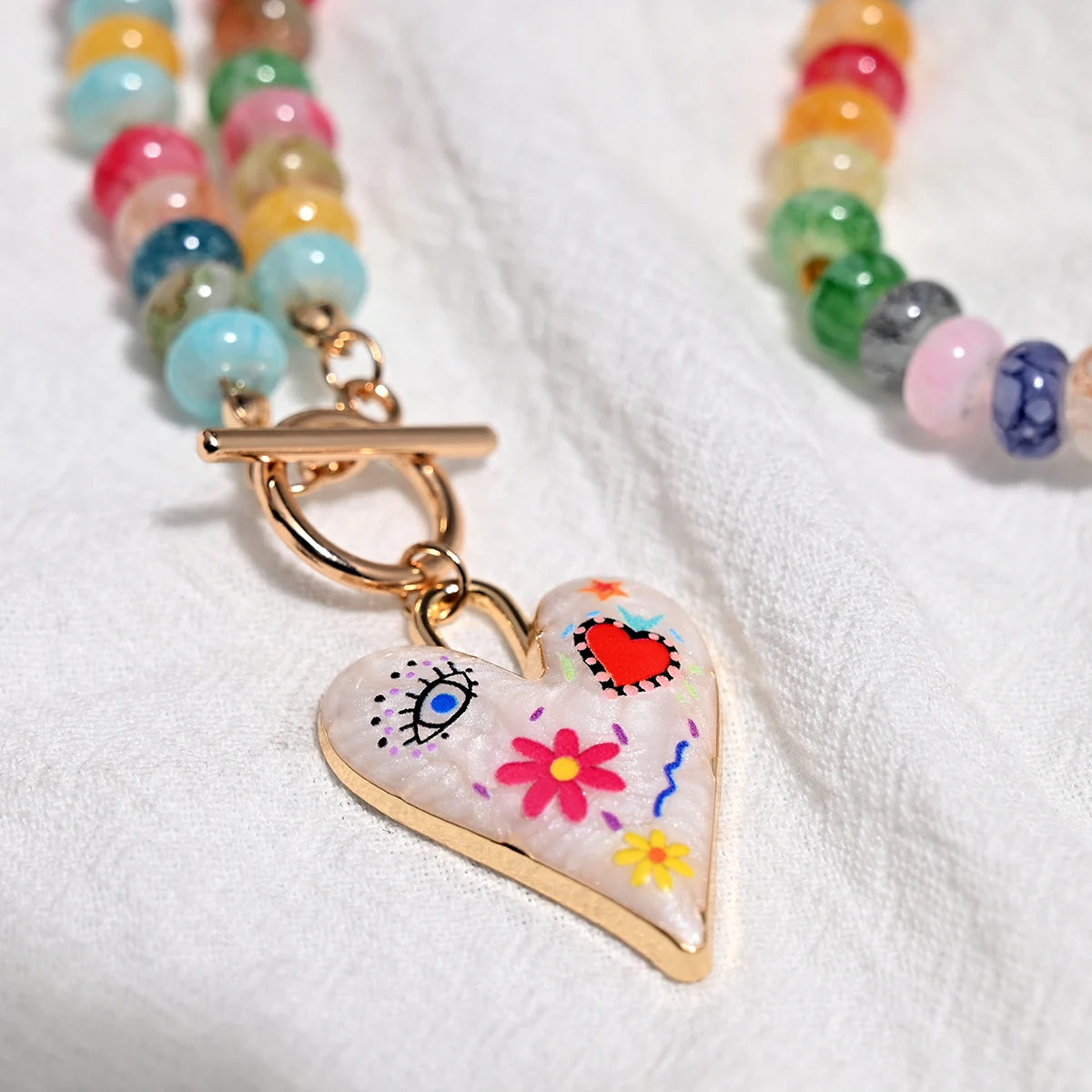 Colourful Glass Beads Heart Pendant Necklace for Women and Teens