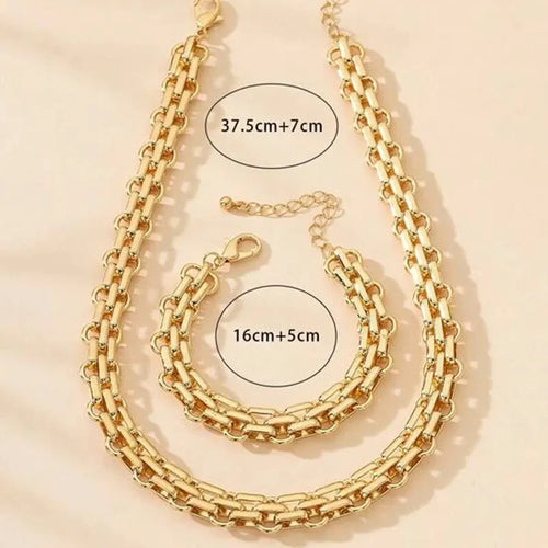 2 PCS Set Gold Colour Link Chain Necklace Bracelet Set