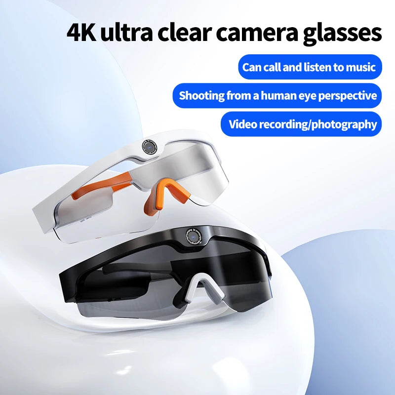 4K ultra clear camera glasses with features listed on a light blue background