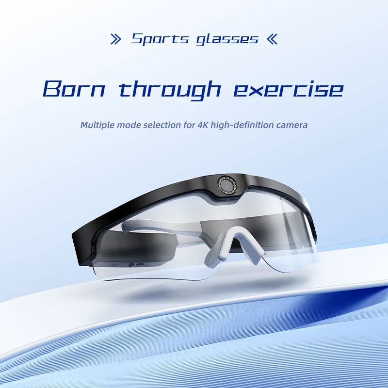Sports glasses with a blue gradient background and text about multiple mode selection for 4K high-definition camera.