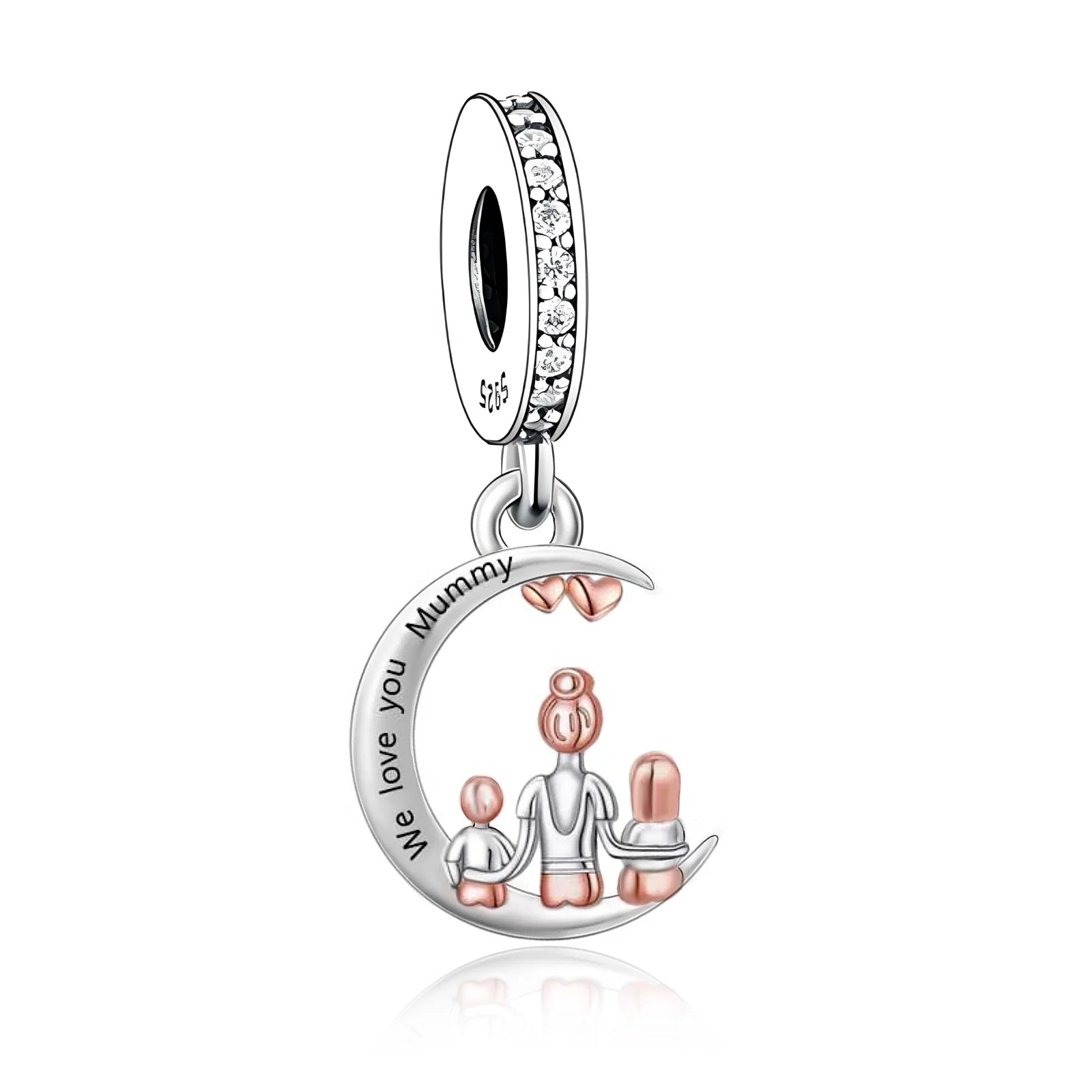 Silver and rose gold charm with 'We love you Mummy' text on a white background
