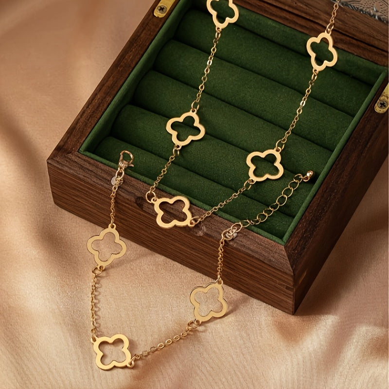 Golden Necklace and Bracelet with Clover Charms