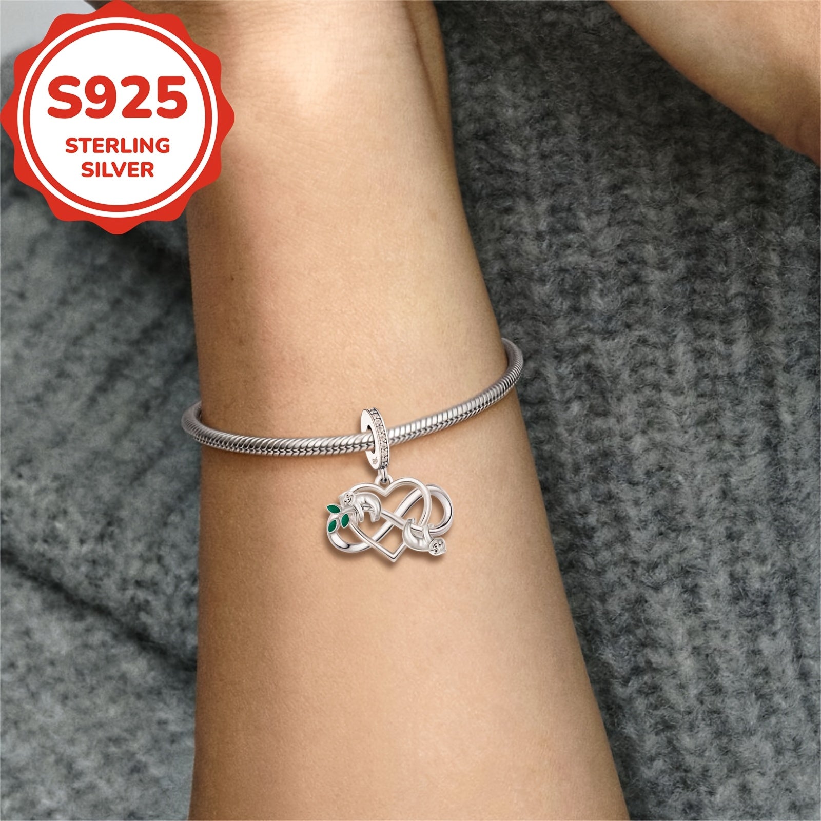1pc 925 Sterling Silver Sloth Infinite Symbol Heart Shape